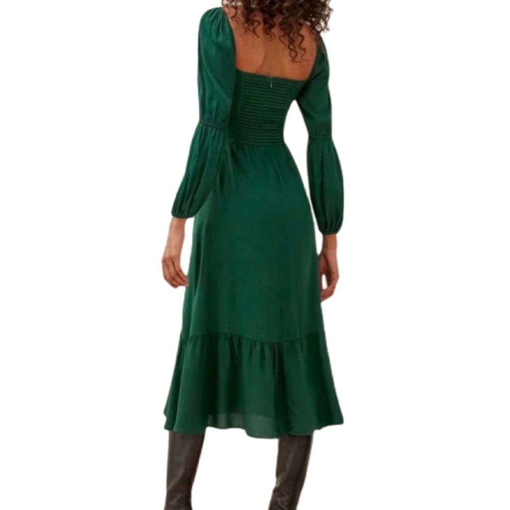 NEW Green Serpentine Siesta Smocked Ruffle Square-Neck Midi Dress
